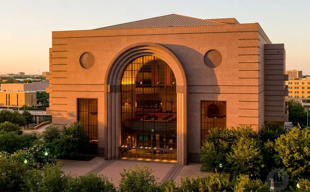 Large tan building with a grand arched entryway and windows, surrounded by lush green trees under a warm sunset sky.