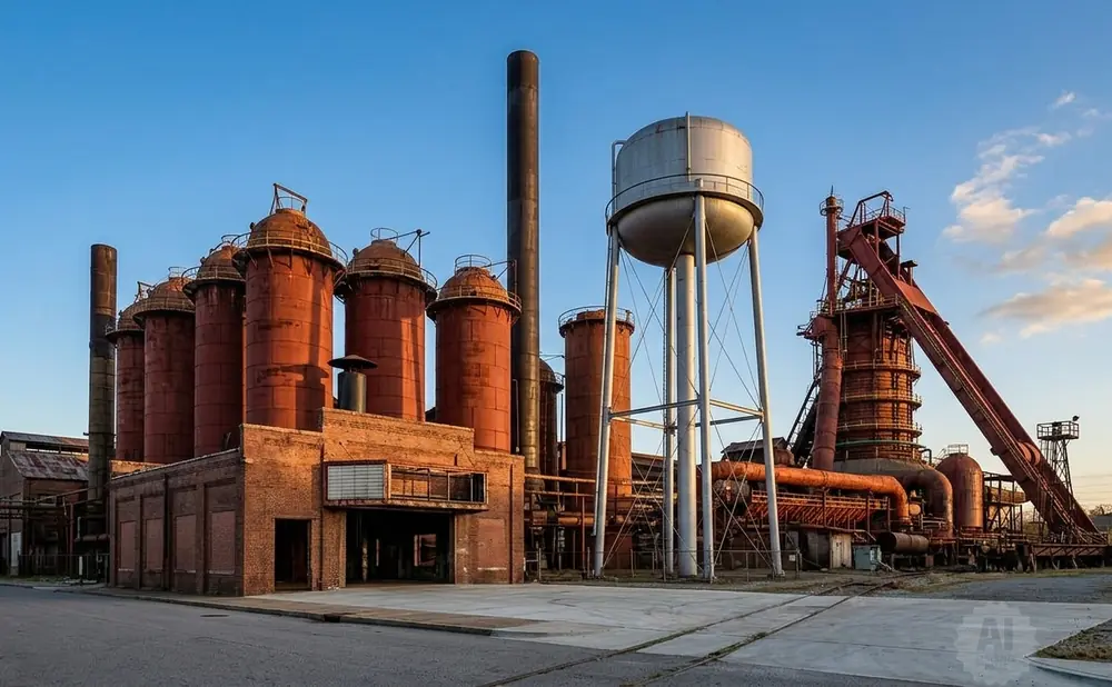 An abandoned industrial complex with tall red silos, a smokestack, and a water tower under a blue sky.