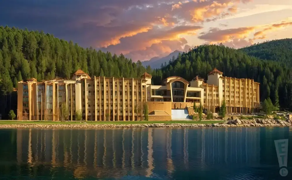 A large hotel sits by a lake, backed by a pine forest and mountains under a colorful sunset.