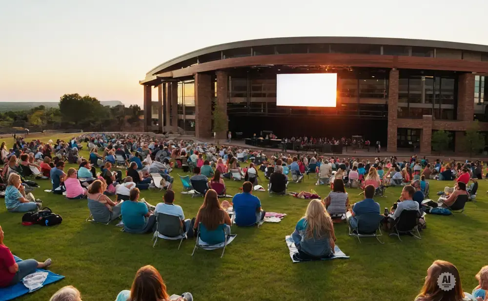 An outdoor concert with a large audience sitting on a grassy hill facing a stage and screen.
