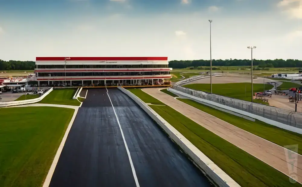 Aerial view of a race track with a grandstand building and surrounding green grass.