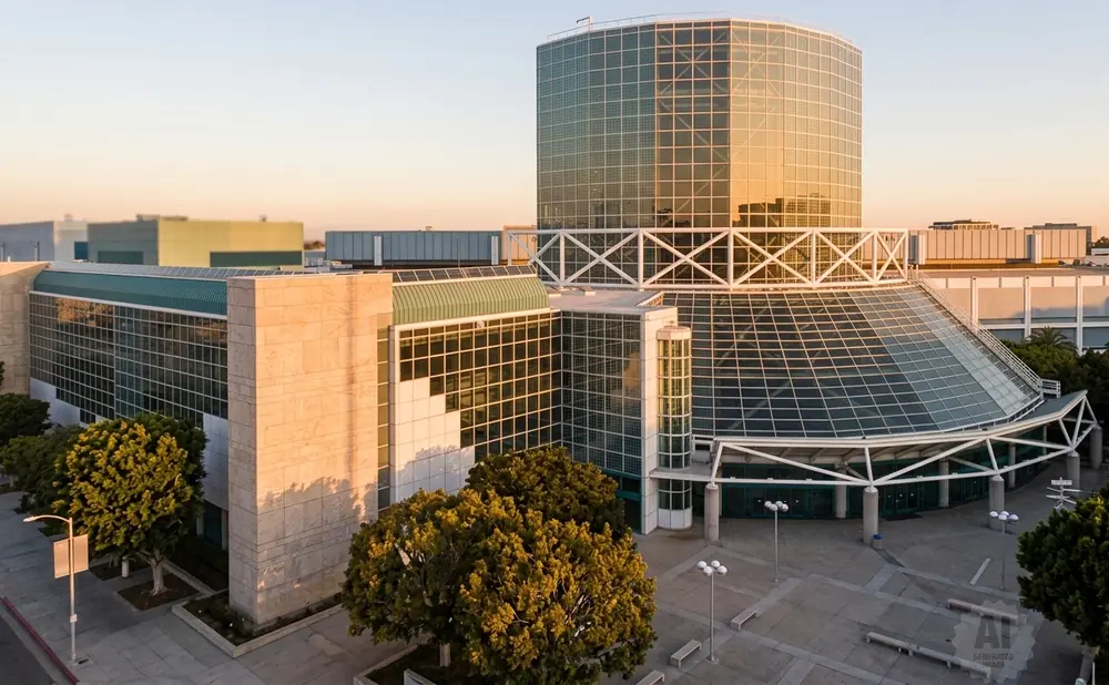 Aerial view of a large, modern convention center with glass and stone architecture during golden hour.