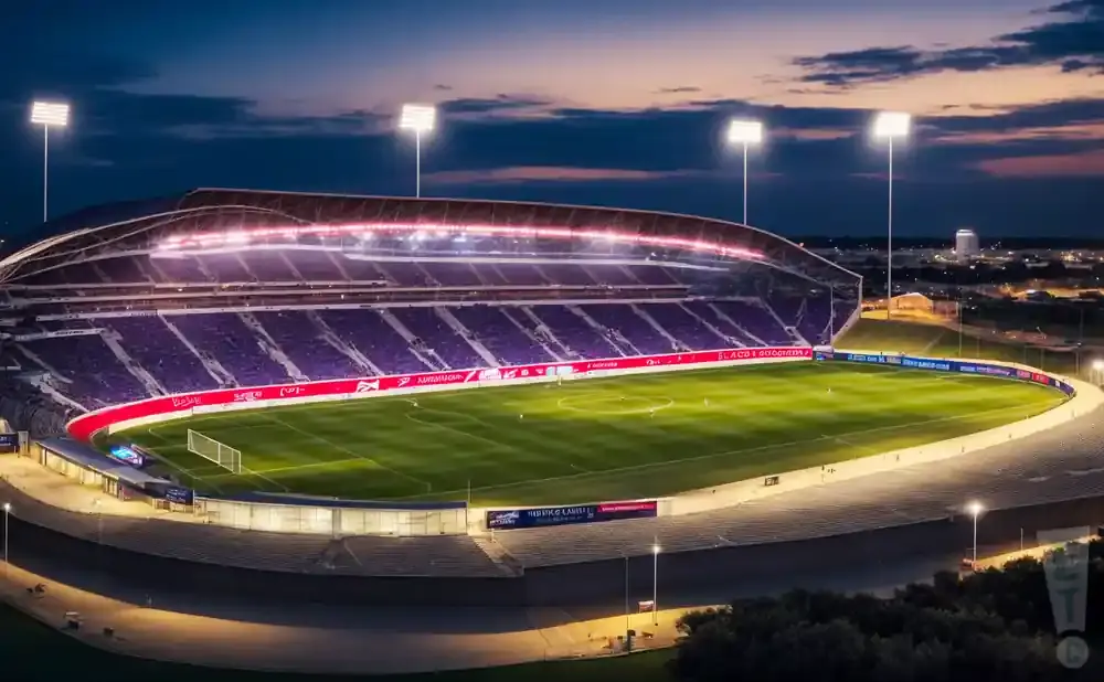 Nighttime view of a brightly lit soccer stadium with purple seating and a green field.