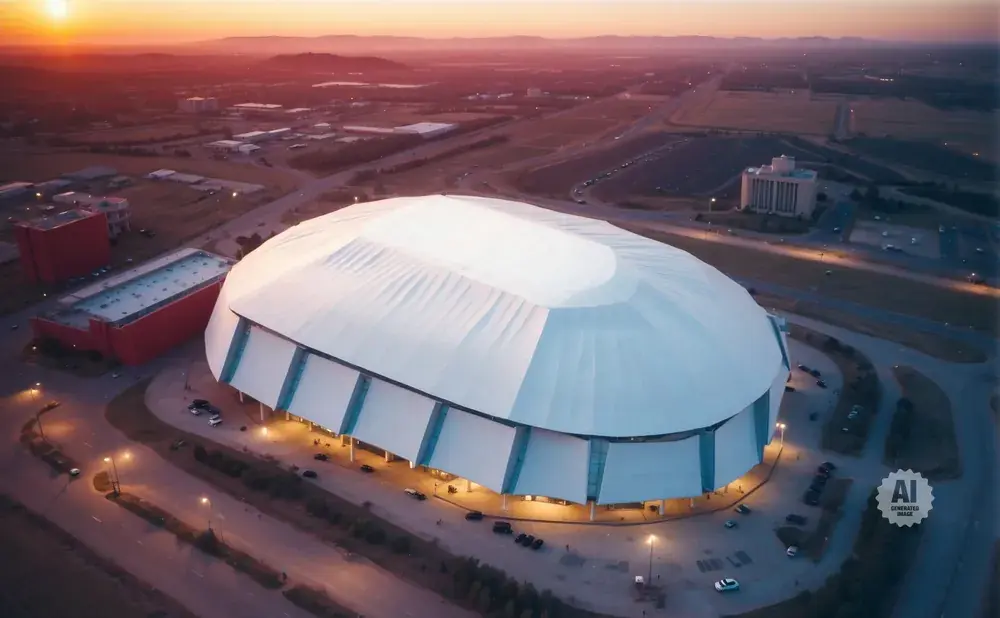 Aerial view of a domed stadium at sunset, with a red building and parking lots nearby.