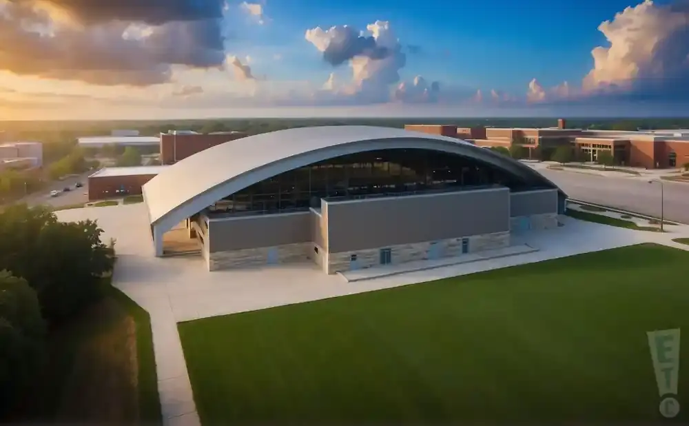 Aerial view of a modern building with a curved roof, set against a sunset sky and surrounded by green lawn.
