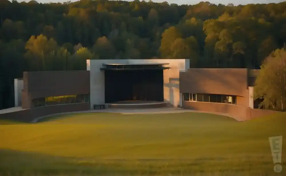 An outdoor amphitheater with a stage and seating area surrounded by trees.