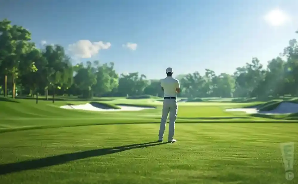 Golfer in light shirt and pants stands on a green golf course, facing away, with trees and sand traps in the background under a bright blue sky.