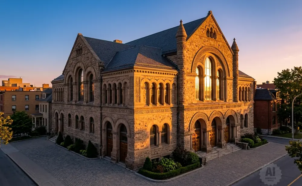 Golden hour light illuminates an ornate stone building with arched windows and doorways, surrounded by trees and a cobblestone courtyard.