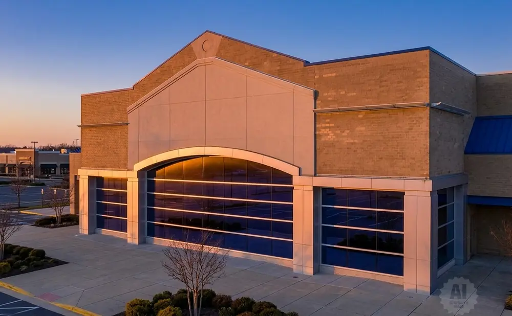Modern building with large arched windows at sunset, reflecting the sky and parking lot.