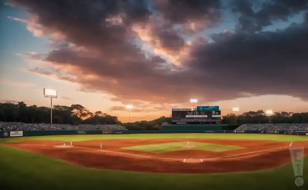 A baseball field at sunset with dramatic clouds and lights.