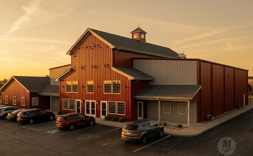 A red barn-style building with white trim under a golden sky.