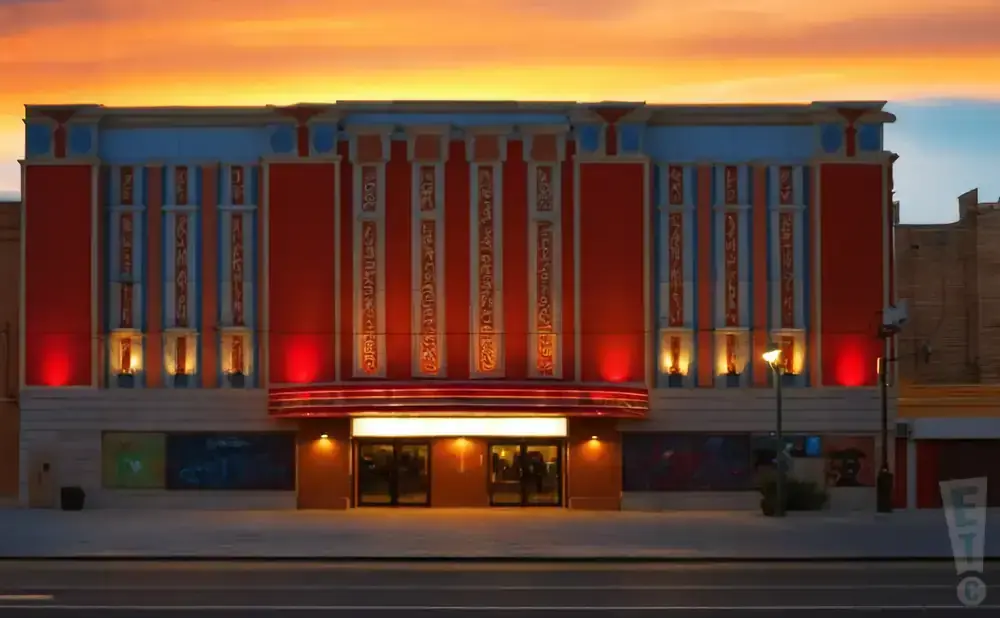 An Egyptian-themed theater with red and blue accents glows under a sunset sky.
