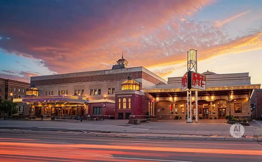 Evening view of a grand theater with illuminated marquees and a colorful sunset sky.
