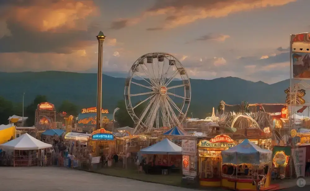 A carnival at dusk with a Ferris wheel, rides, tents, and mountains in the background.
