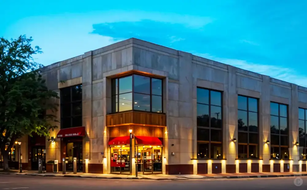 A modern stone building with large windows and red awnings at dusk.
