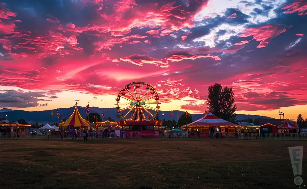 A carnival fair with a Ferris wheel and tents under a dramatic pink and purple sunset.