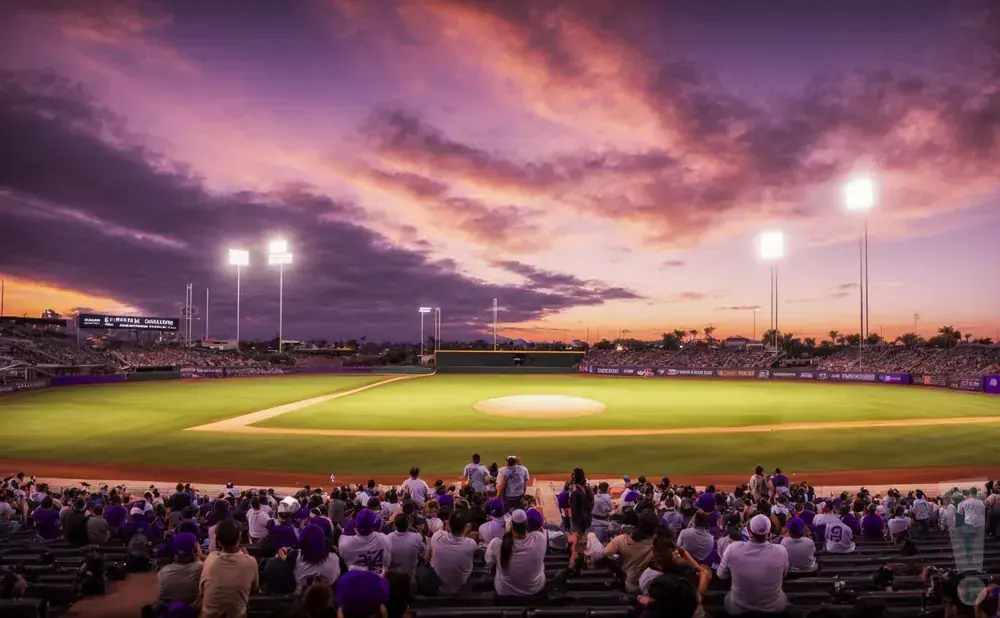 A baseball stadium at sunset with purple and orange clouds, illuminated field, and spectators in the stands.