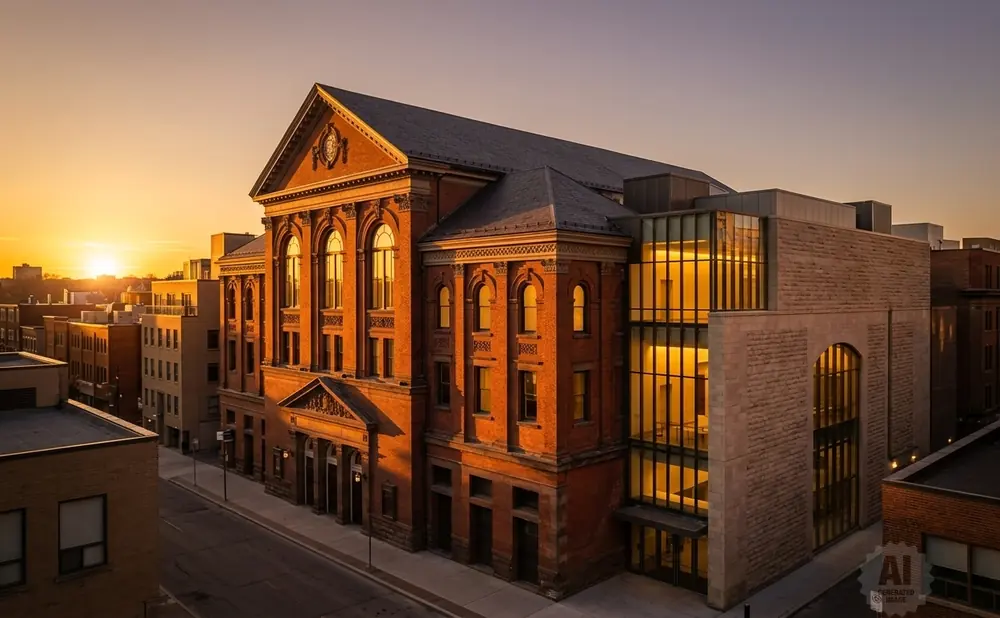 Sunset illuminates a brick building with classical and modern additions in an urban setting.