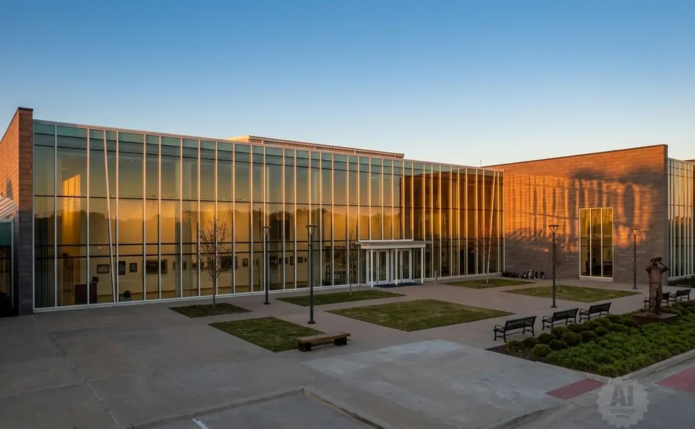 Modern building with glass facade reflecting sunset, featuring a sculpture and benches in the courtyard.