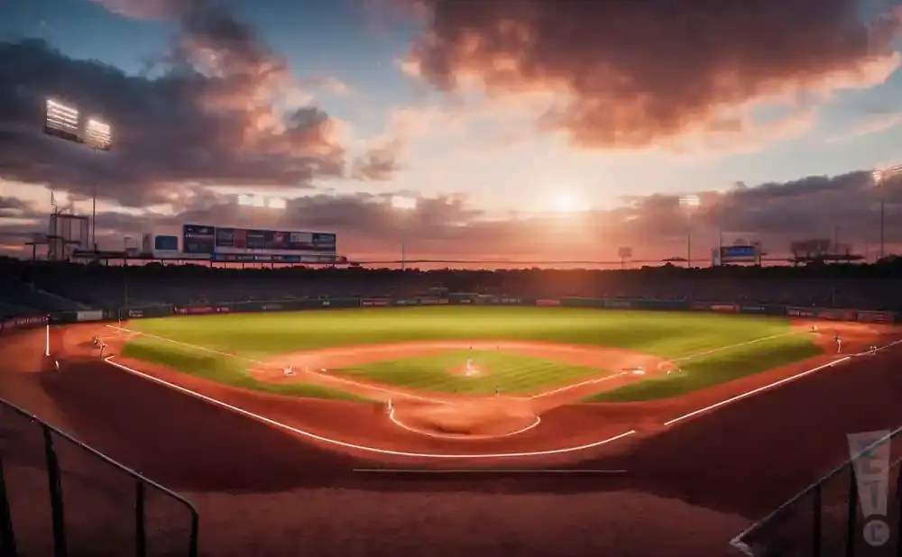 A baseball field at sunset with dramatic clouds and stadium lights.