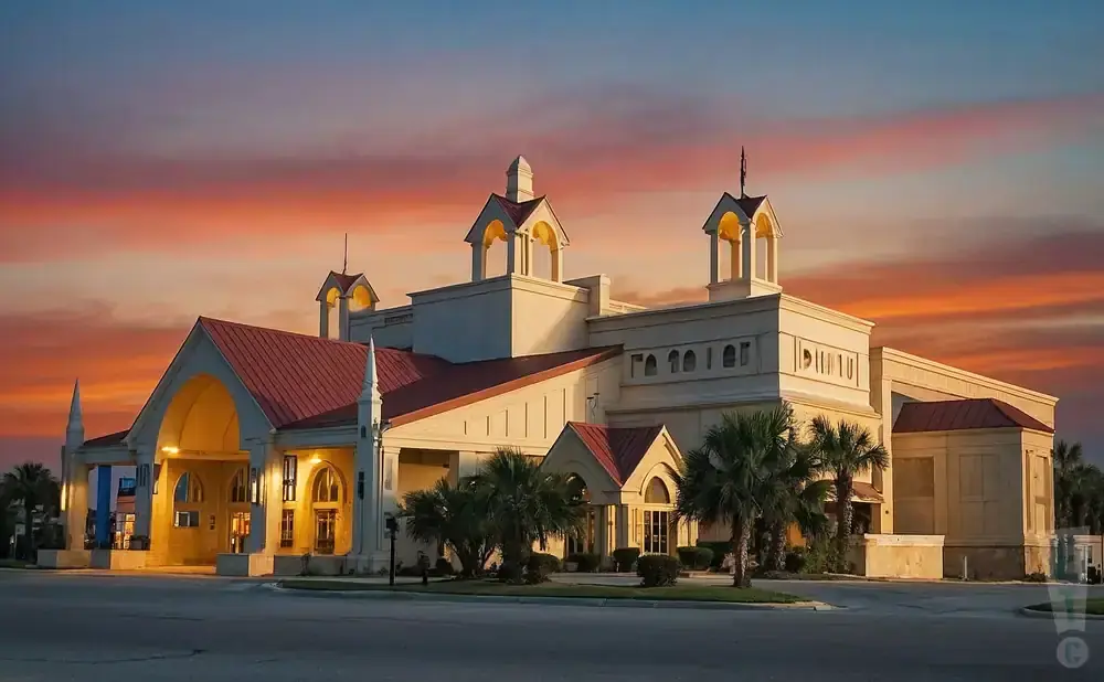A large, light-colored building with red roofs and ornate architectural details under a colorful sunset sky.