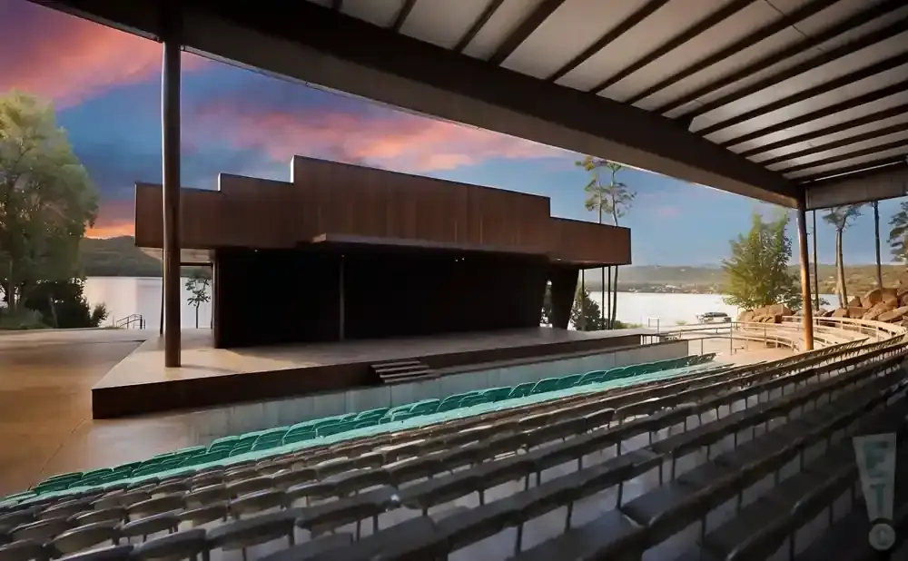 Outdoor amphitheater with tiered seating facing a stage, overlooking a lake at sunset.