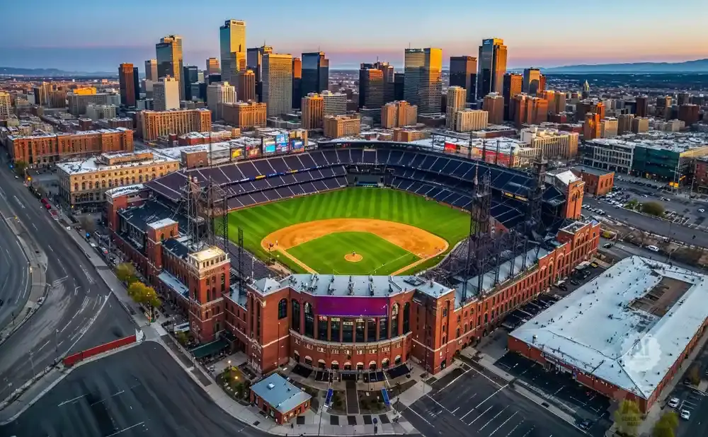 Aerial view of Coors Field baseball stadium in Denver, Colorado, with downtown skyscrapers in the background.