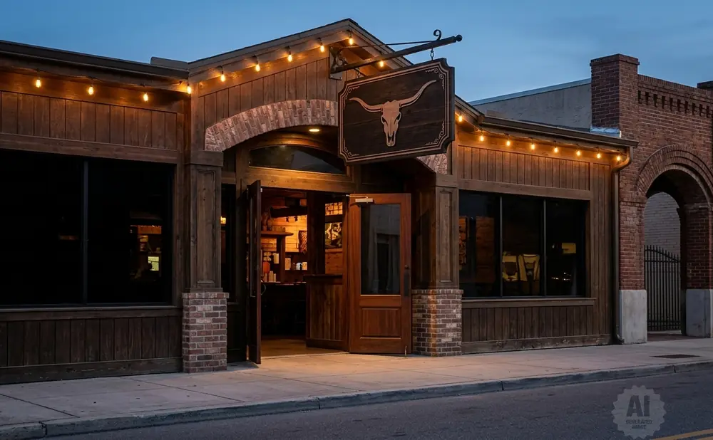 Exterior of a rustic wooden building with a longhorn skull sign, illuminated by string lights at dusk.