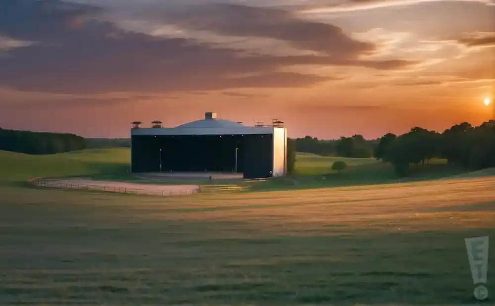 An outdoor concert stage sits in a field at sunset with a warm, orange glow.