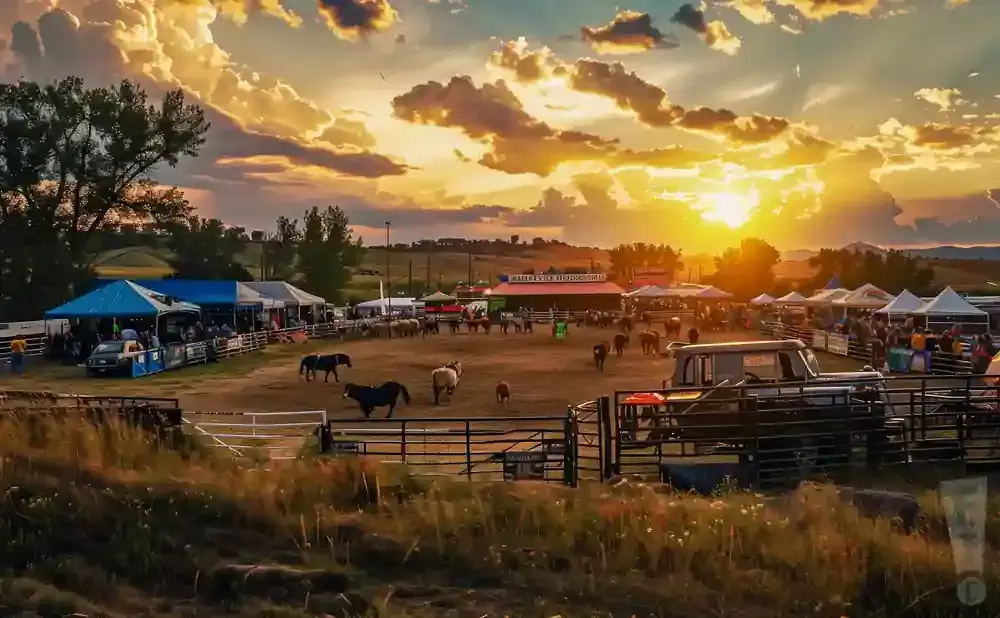 Sunset over a rodeo arena with horses and spectators.