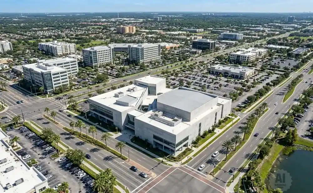 Aerial view of a modern business district with office buildings, parking lots, and a lake.