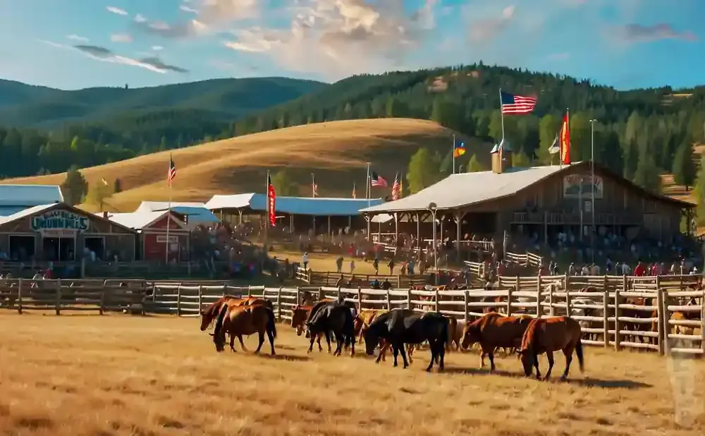 A rodeo event with horses and cattle in a fenced-in arena, with a large wooden barn and grandstands in the background.
