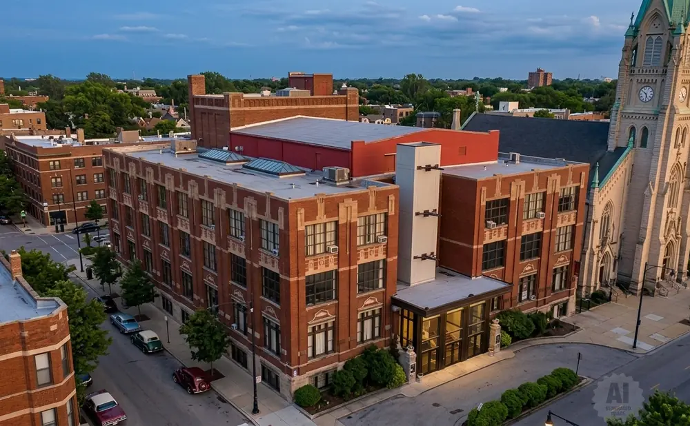 Aerial view of a brick building next to a church with a clock tower.
