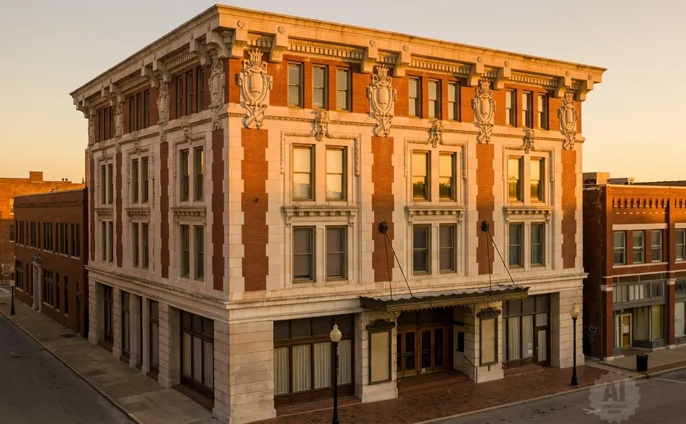 An ornate brick and stone building with ornate details stands on a street corner at sunset.
