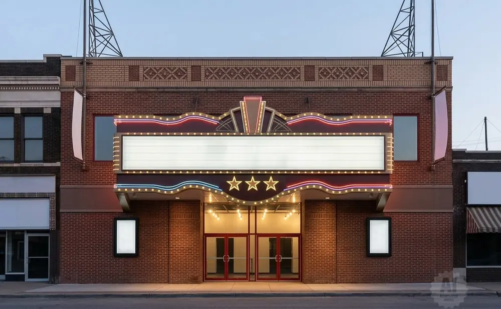 Marquee of a classic movie theater with neon lights, a blank display, and three stars above double red doors.