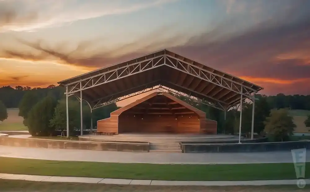 Outdoor amphitheater stage with a wooden facade and metal roof structure, set against a dramatic sunset sky.