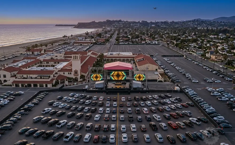 Aerial view of a drive-in concert with a stage and many cars parked in rows, overlooking the ocean at sunset.