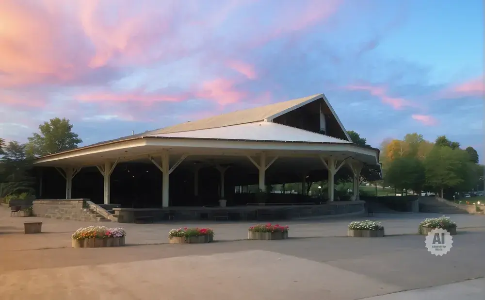 An outdoor pavilion with a white roof and open sides, set against a sky with pink and blue clouds at dusk.