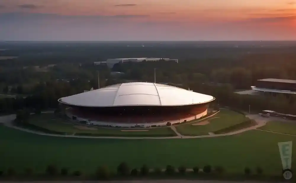 Aerial view of a domed stadium at sunset.