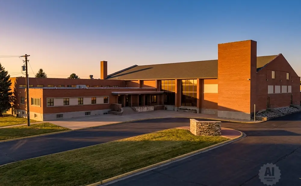 A modern brick building with large windows at sunset.