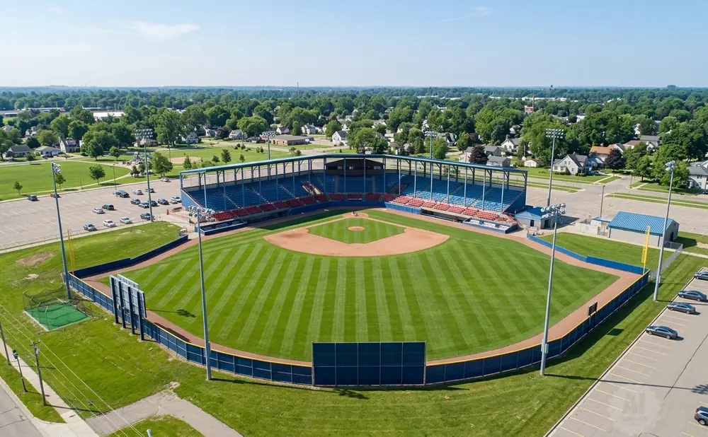 Aerial view of a baseball stadium with a manicured field, blue and red seating, and surrounding parking lots and trees.