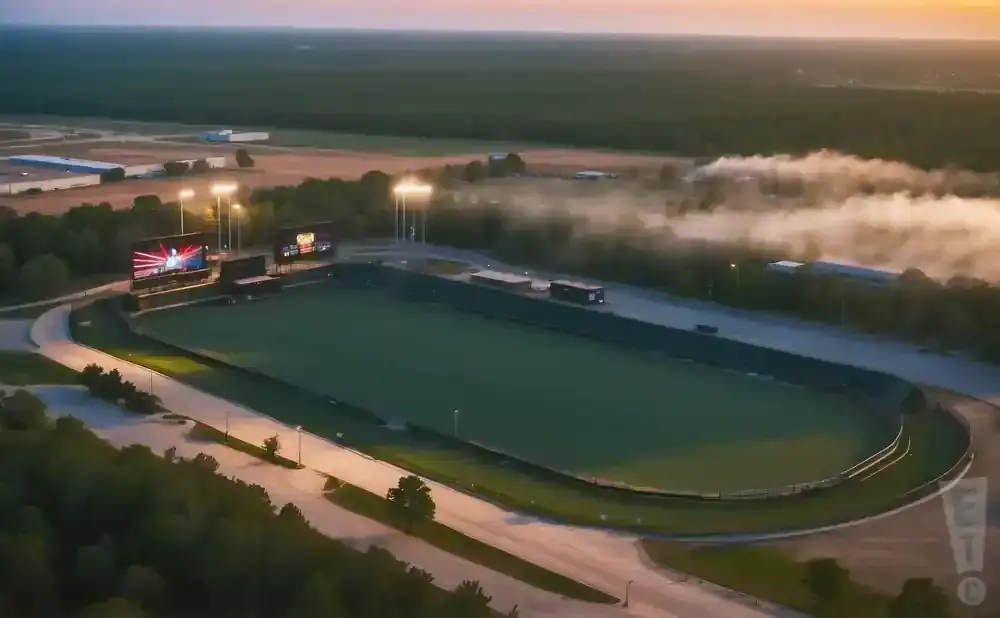 Aerial view of a baseball stadium at dusk, with large scoreboards, lights, and fog near trees.