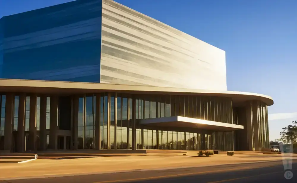 Modern building with blue and beige facade and large glass windows on a sunny day.