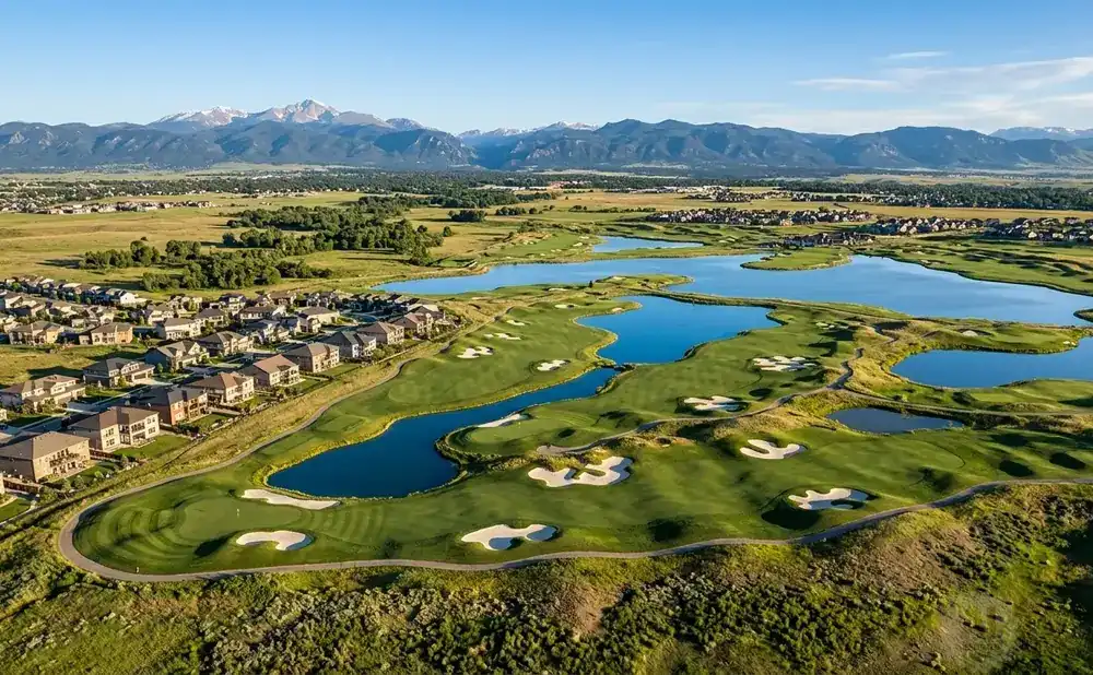 Aerial view of a golf course with lakes and homes, with mountains in the distance under a clear blue sky.