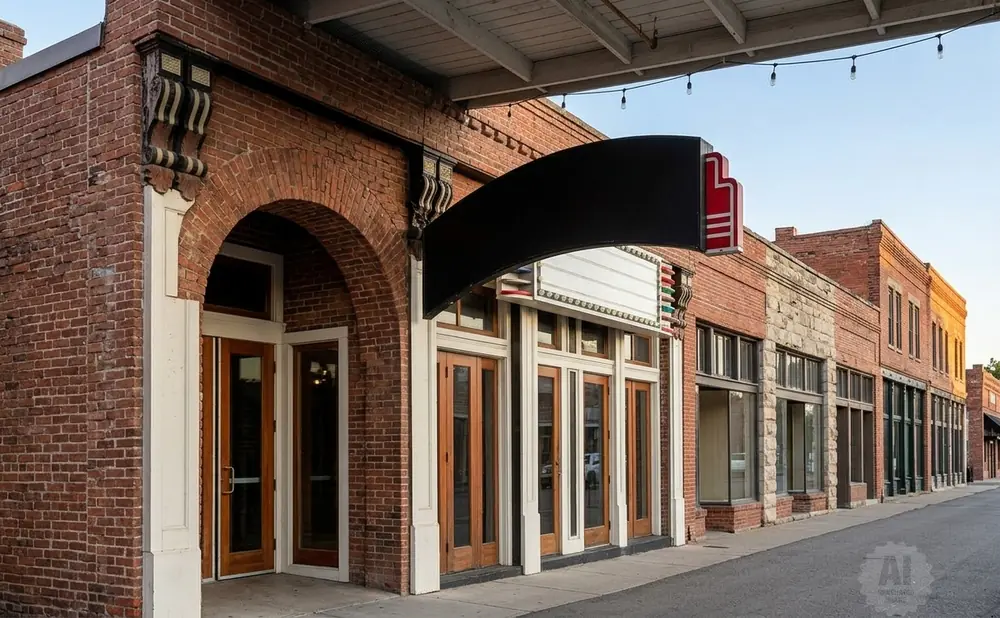 Brick buildings with marquees line a street.