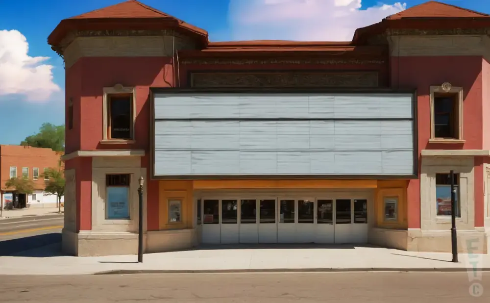 A vacant red theater with a large blank marquee and closed glass doors on a sunny day.