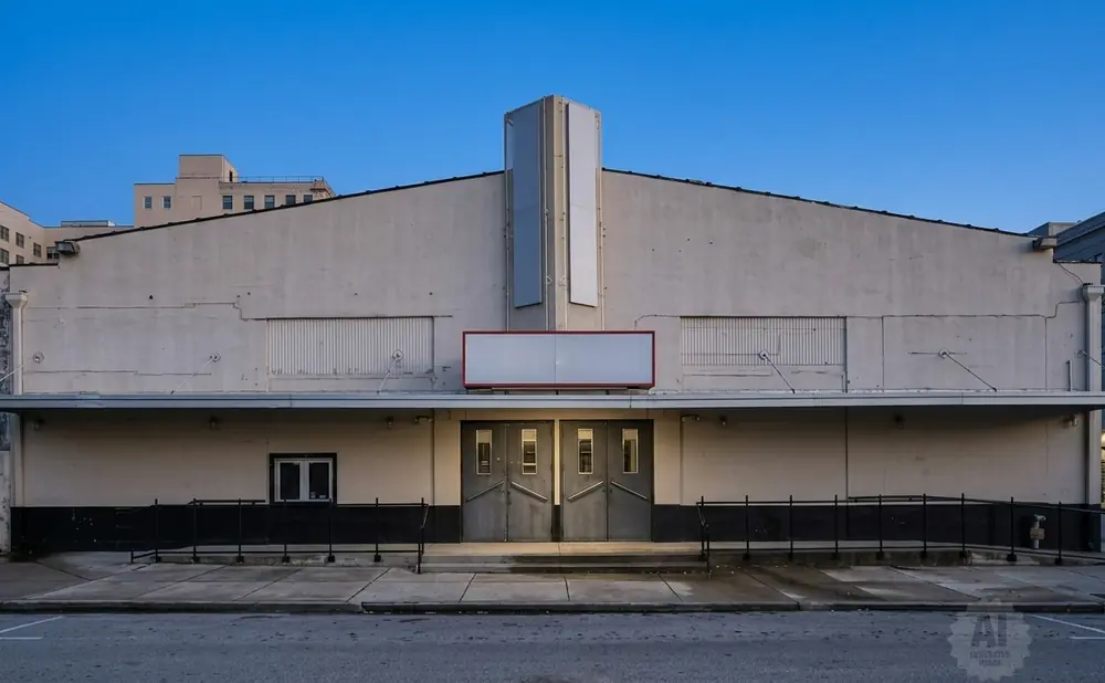 An old, beige movie theater with large double doors and a blank marquee sits under a clear blue sky.