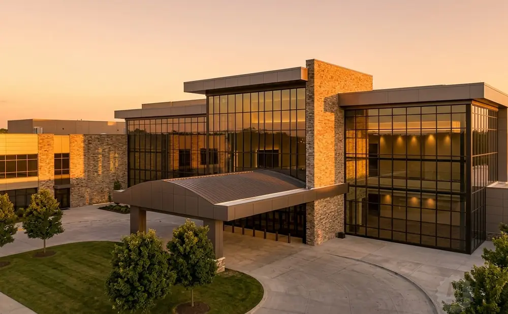 Modern office building with stone accents and large glass windows at sunset.