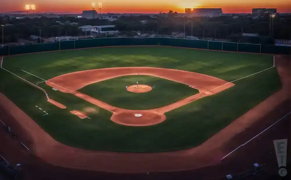 Aerial view of a baseball field at sunset with players on the diamond.
