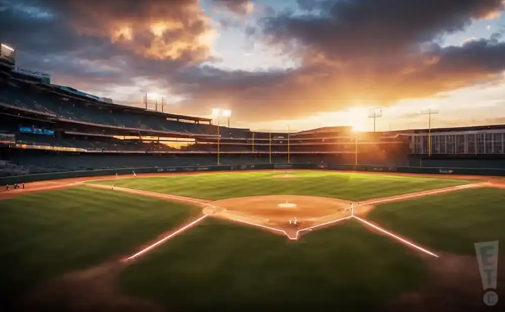 A baseball field at sunset with the sun peeking through the clouds over the stadium.